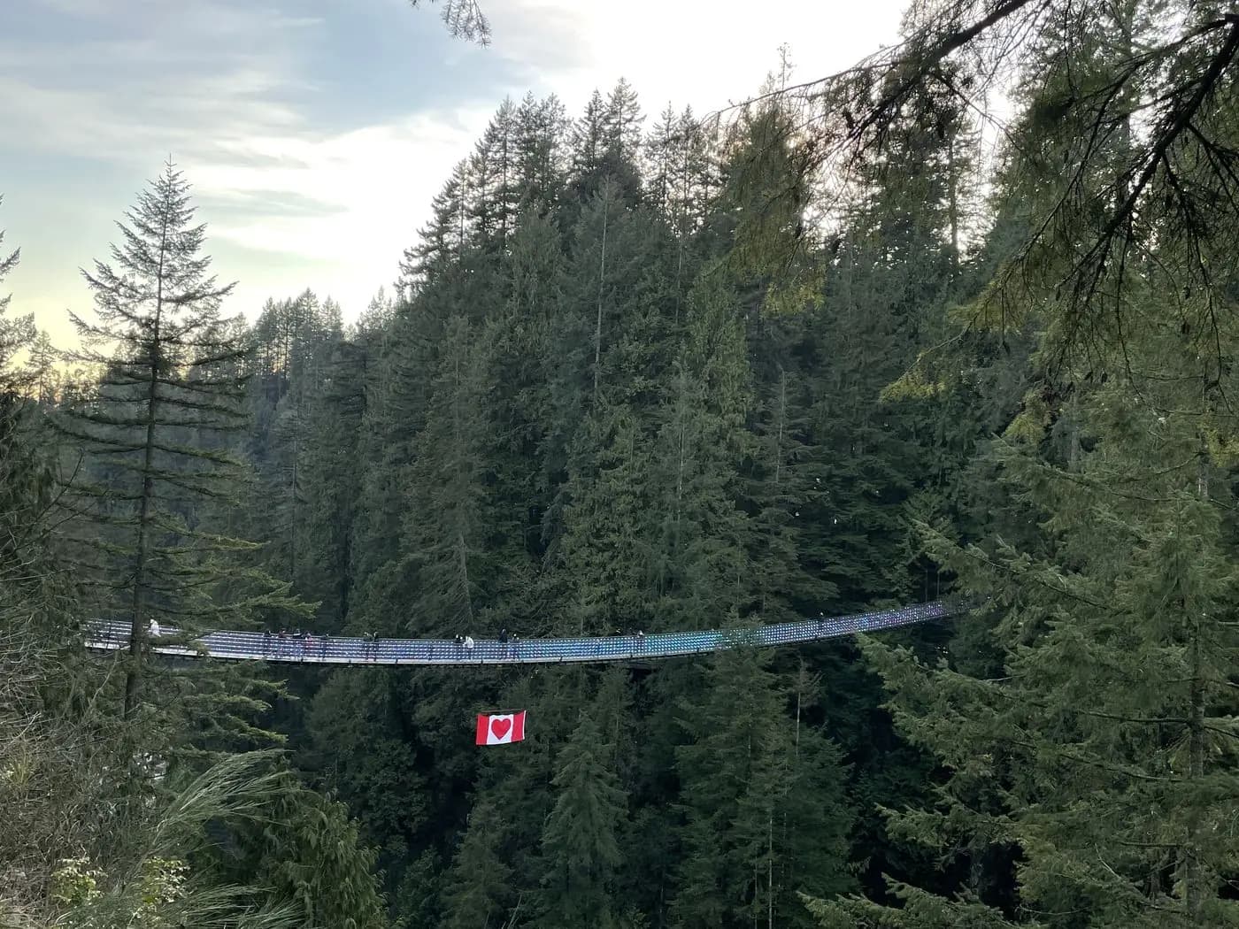 Passarela suspensa do Capilano com a bandeira canadense, North Shore de Vancouver