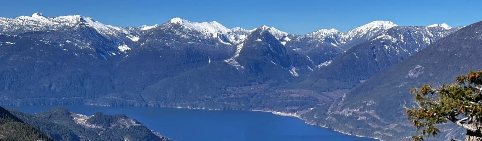 Vista do topo da Sea to Sky Gondola sobre o fiorde Howe Sound e as montanhas nevadas em Squamish