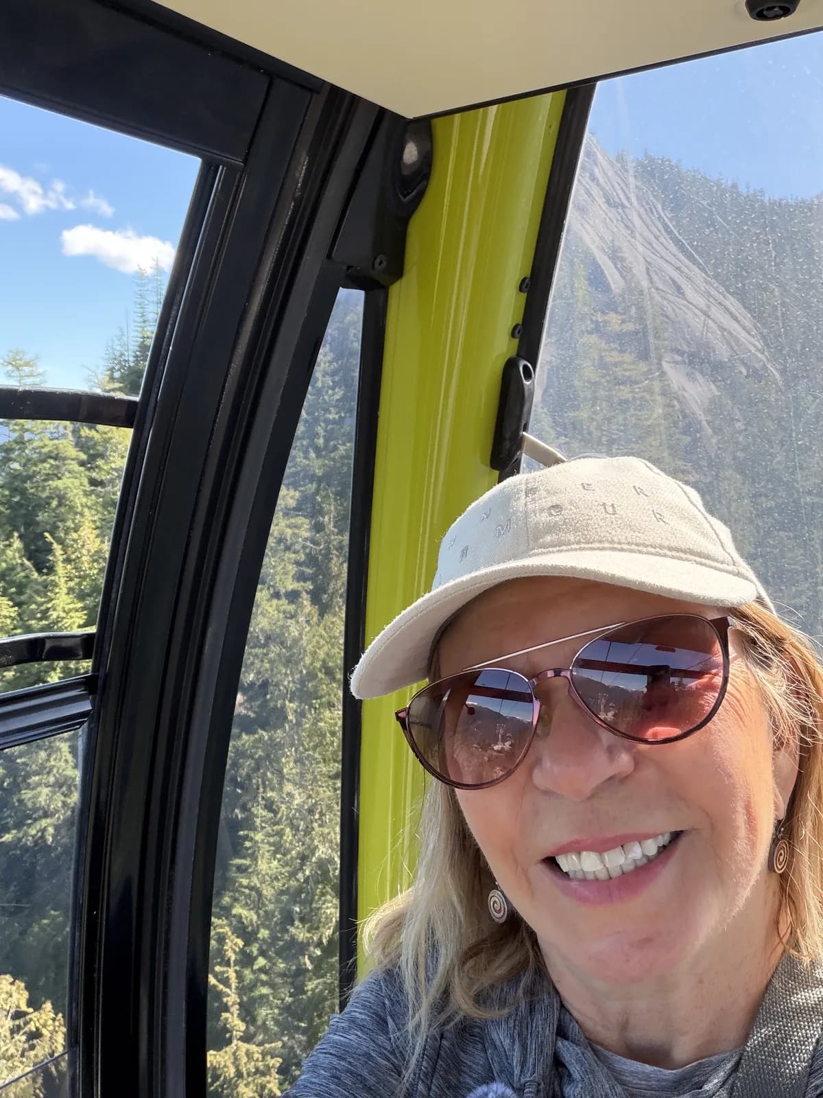 Cabina de la Sea to Sky Gondola subiendo sobre el bosque en Squamish
