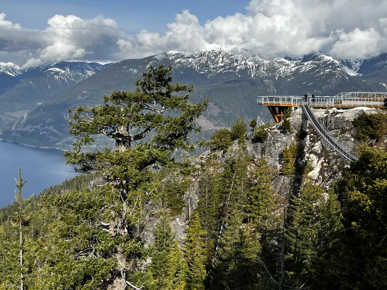 Vista panorámica desde la cima de la Sea to Sky Gondola en Squamish, con montañas y fiordo de fondo
