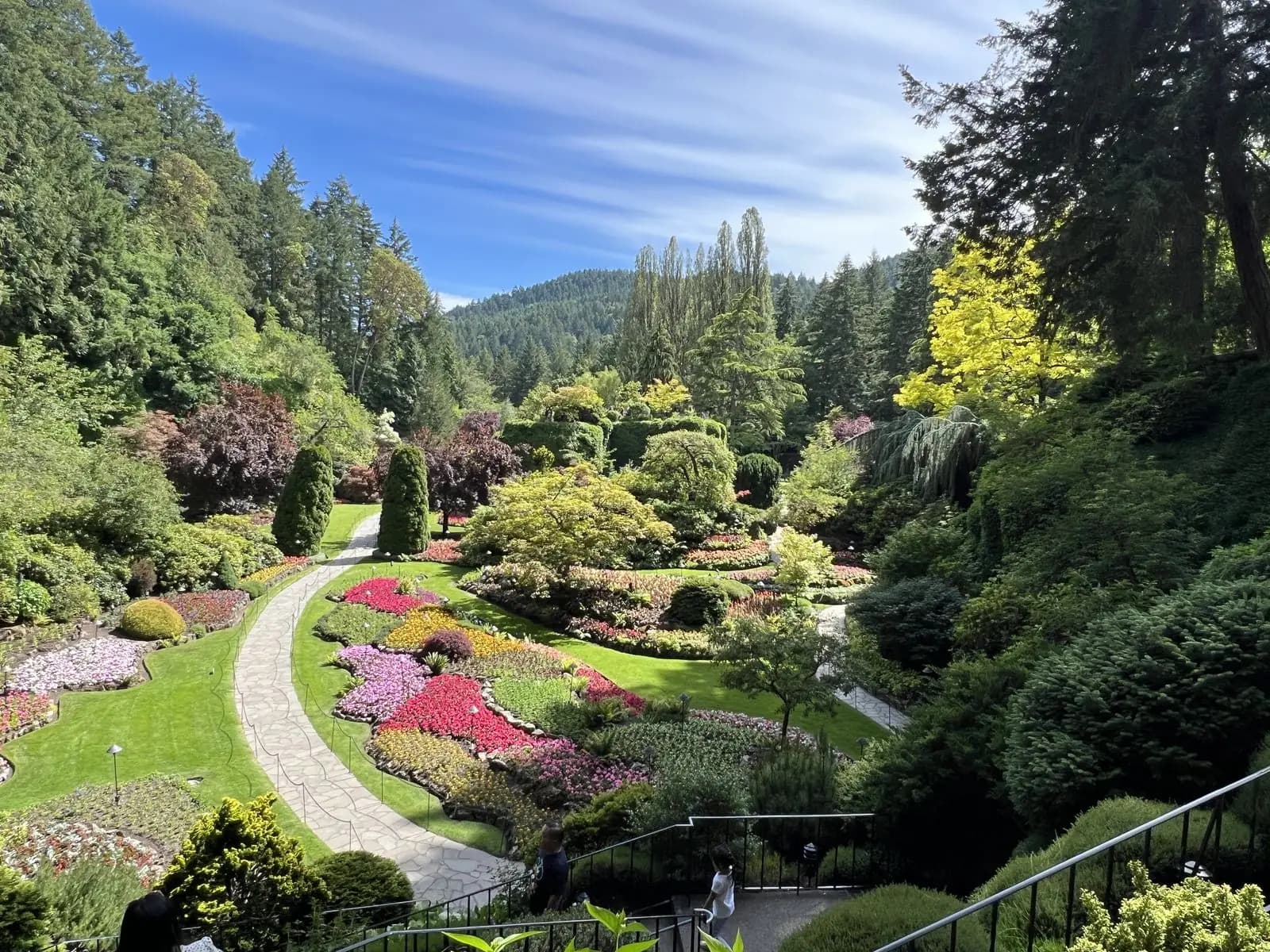Aerial view of the Sunken Garden at Butchart Gardens, with a path winding through the flower beds