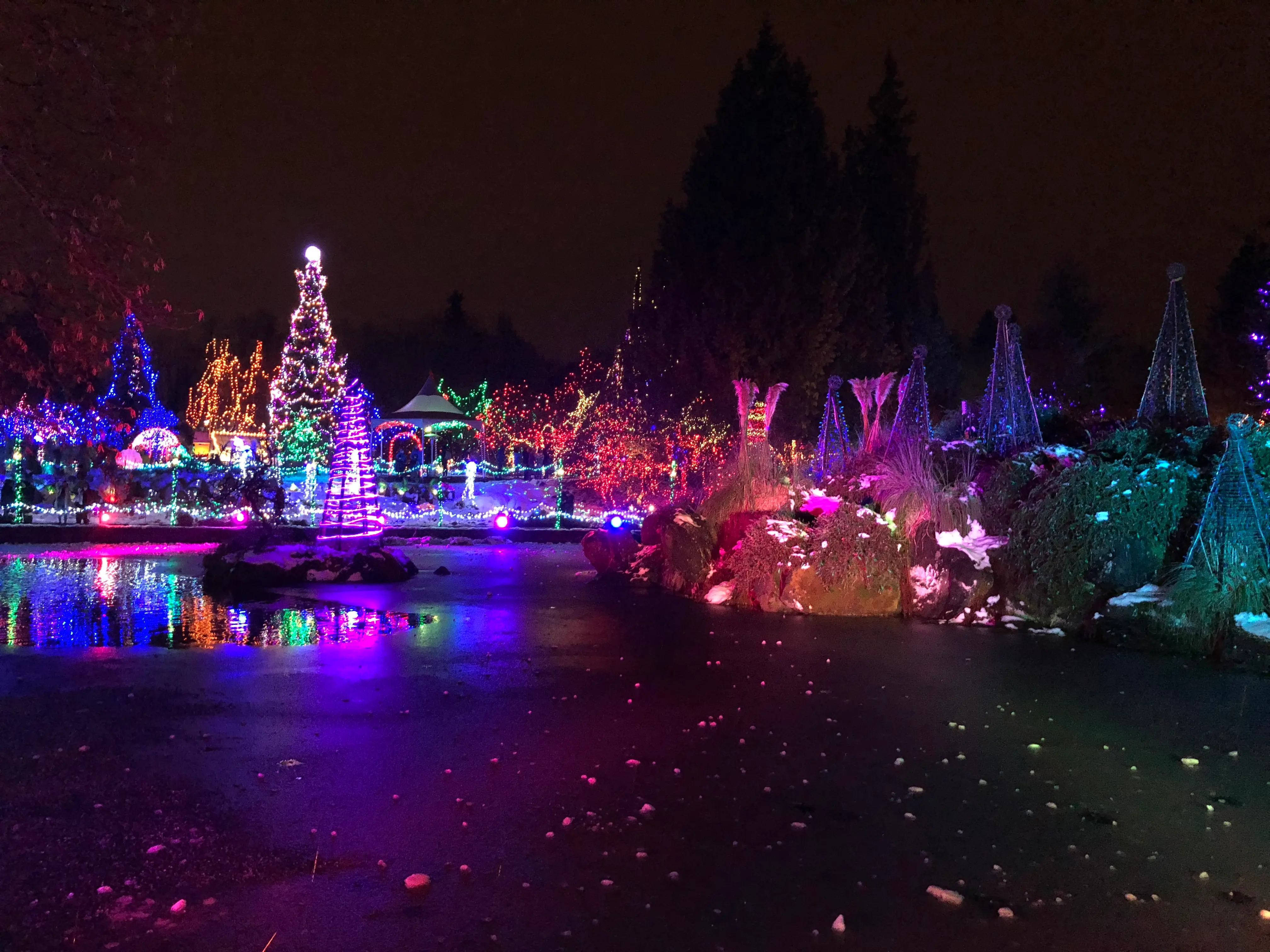 Jardim decorado com milhares de luzinhas coloridas de Natal em Vancouver, refletidas na água